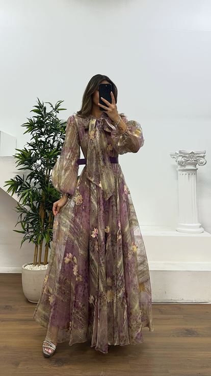 Lila Çiçek Desenli Tül Abiye Elbise