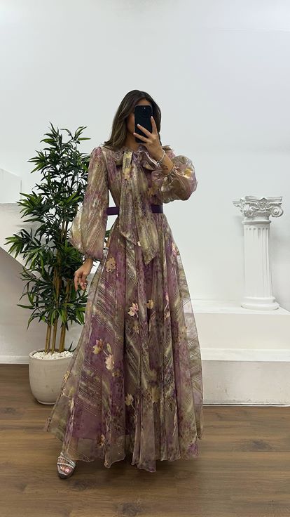 Lila Çiçek Desenli Tül Abiye Elbise