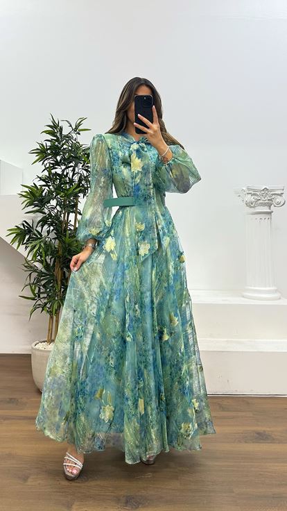 Mint Floral Patterned Tulle Evening Dress