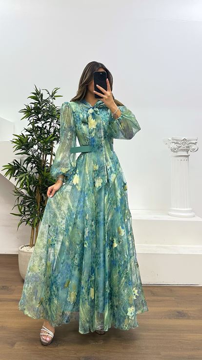 Mint Floral Patterned Tulle Evening Dress