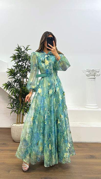 Mint Floral Patterned Tulle Evening Dress
