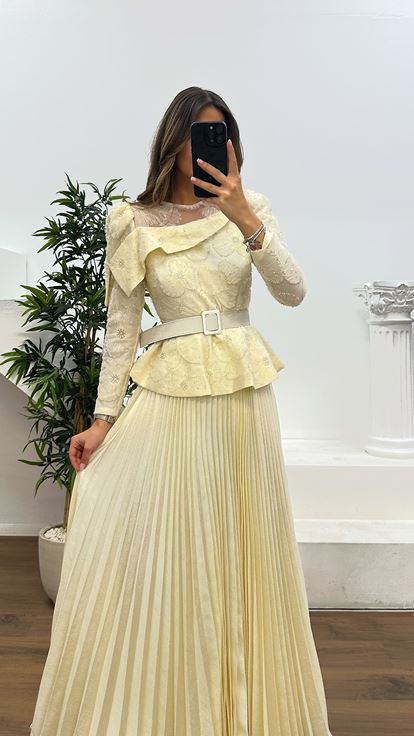 Ekru İnci Detay Abiye Elbise