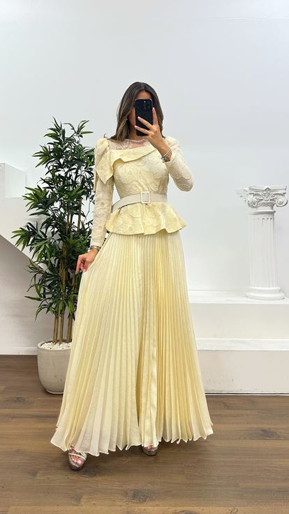 Ekru İnci Detay Abiye Elbise