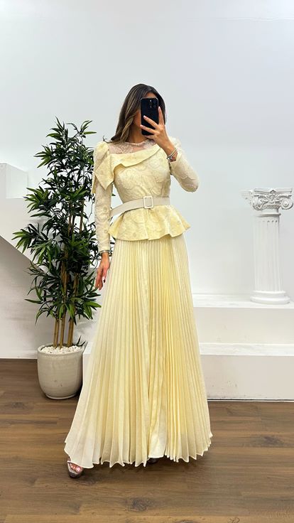 Ekru İnci Detay Abiye Elbise