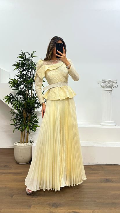 Ekru İnci Detay Abiye Elbise