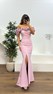 Pudra İp Askılı Yaka Gül Detay Abiye Elbise