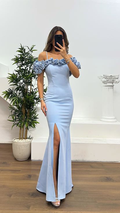 Blue Rope Strap Collar Rose Detail Evening Dress