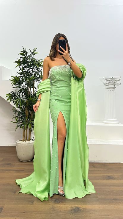 Çağla Balon Kol İnci Detay Abiye Elbise