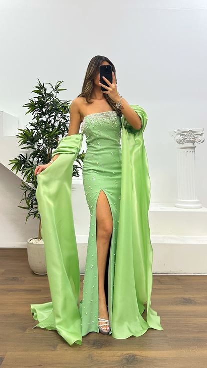 Çağla Balon Kol İnci Detay Abiye Elbise