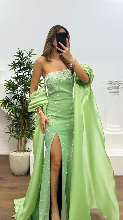 Çağla Balon Kol İnci Detay Abiye Elbise