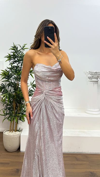 Pink Strapless Embroidered Evening Dress