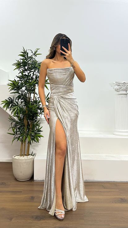 Vizon Straplez Drapeli Abiye Elbise