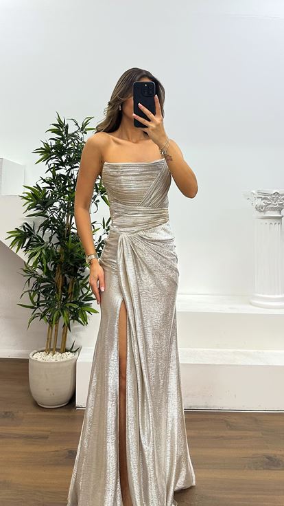 Vizon Straplez Drapeli Abiye Elbise