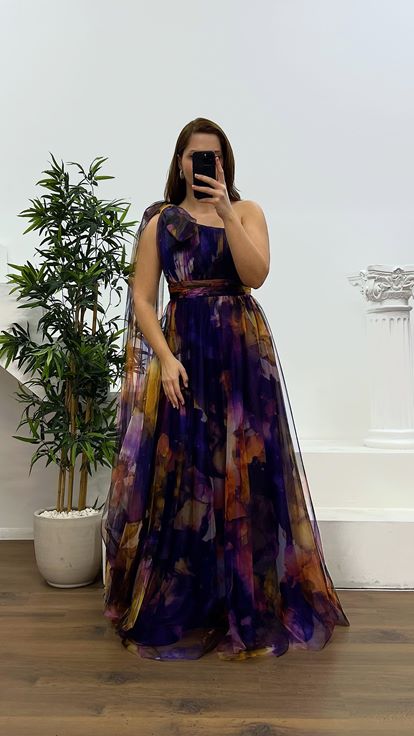 Mor Tek Omuz Büyük Beden Tül Abiye Elbise