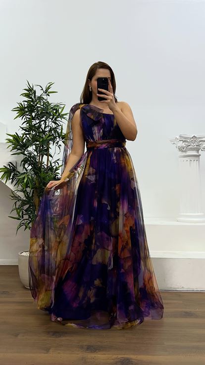 Mor Tek Omuz Büyük Beden Tül Abiye Elbise