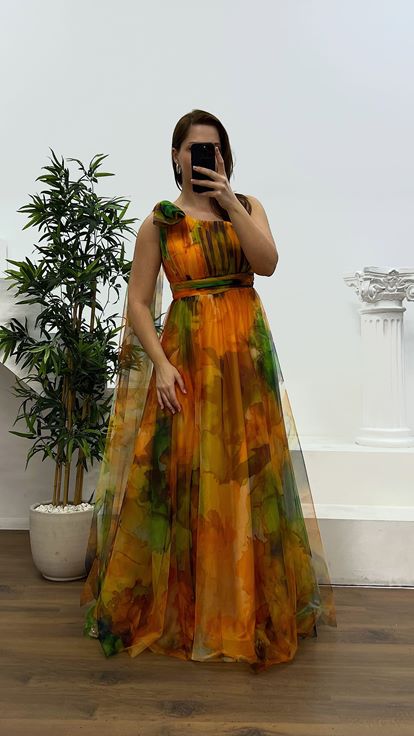 Yellow One Shoulder Plus Size Tulle Evening Dress