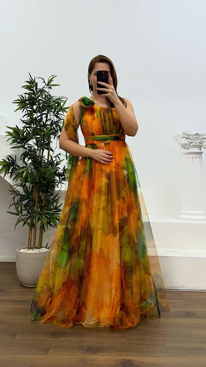 Yellow One Shoulder Plus Size Tulle Evening Dress