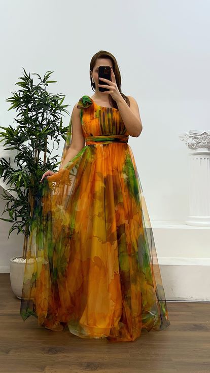 Yellow One Shoulder Plus Size Tulle Evening Dress
