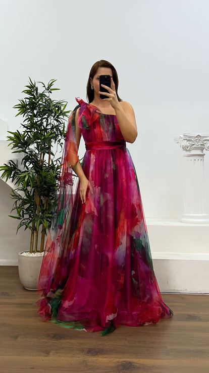 Fuşya Tek Omuz Büyük Beden Tül Abiye Elbise