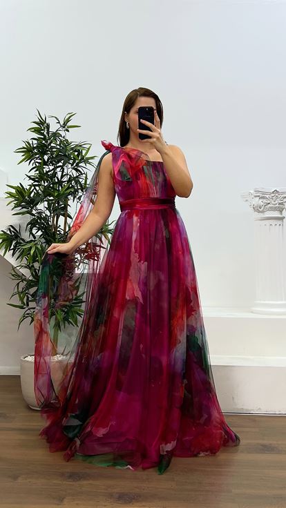 Fuşya Tek Omuz Büyük Beden Tül Abiye Elbise