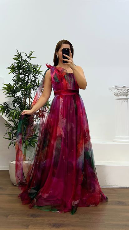 Fuşya Tek Omuz Büyük Beden Tül Abiye Elbise