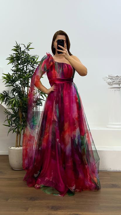 Fuşya Tek Omuz Büyük Beden Tül Abiye Elbise