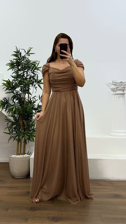 Copper Chest Draped Plus Size Evening Dress