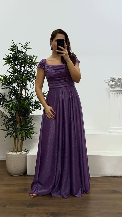 Lavanta Göğsü Drapeli Büyük Beden Abiye Elbise