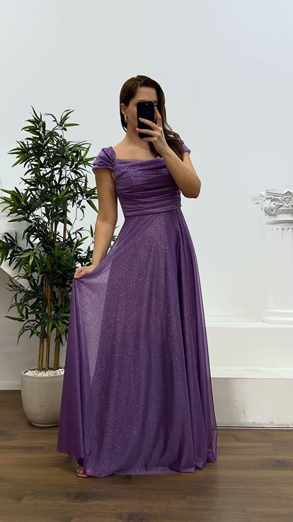 Lavanta Göğsü Drapeli Büyük Beden Abiye Elbise