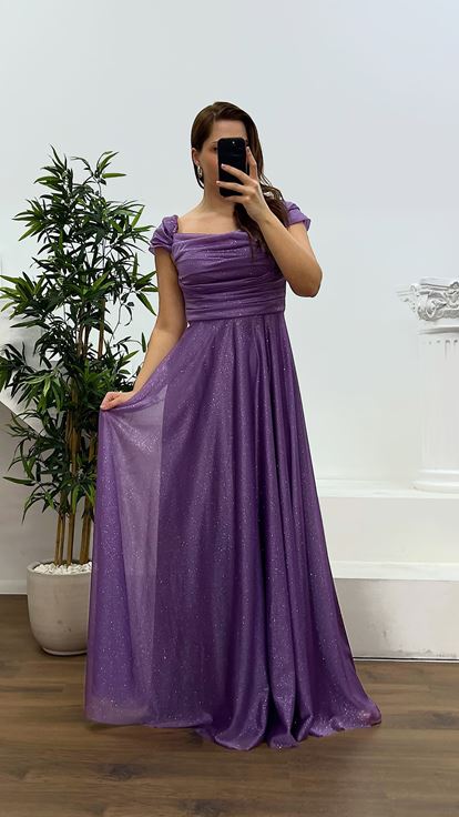 Lavanta Göğsü Drapeli Büyük Beden Abiye Elbise