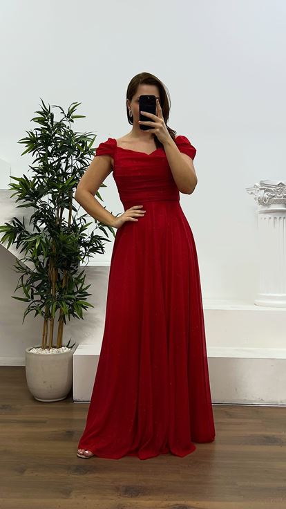 Kırmızı Göğsü Drapeli Büyük Beden Abiye Elbise