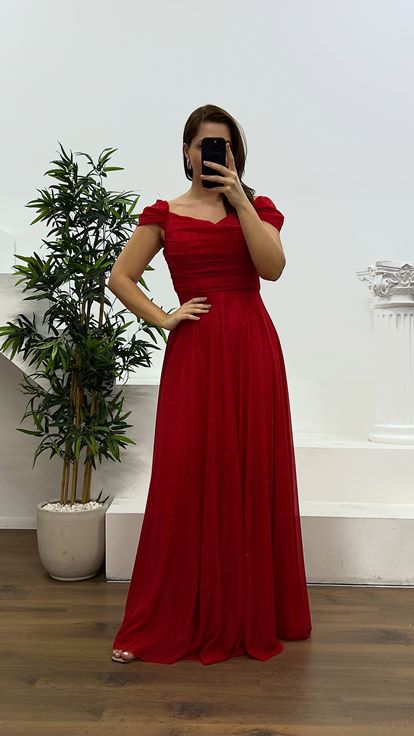 Kırmızı Göğsü Drapeli Büyük Beden Abiye Elbise
