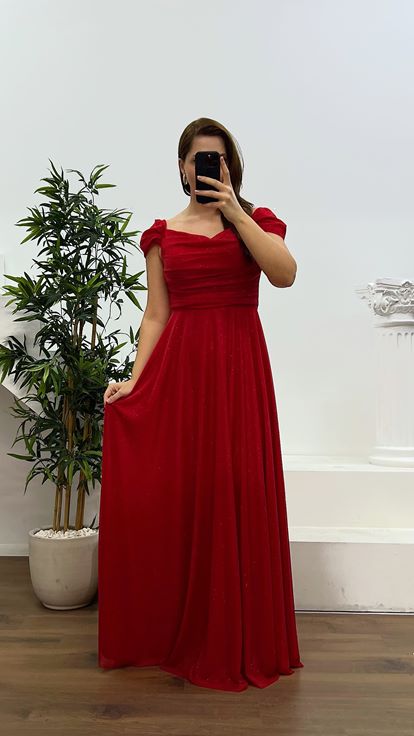 Kırmızı Göğsü Drapeli Büyük Beden Abiye Elbise