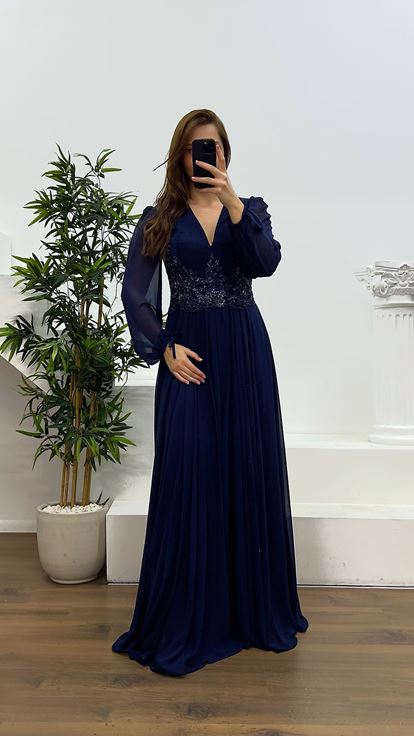 Lacivert V Yaka Büyük Beden Abiye Elbise