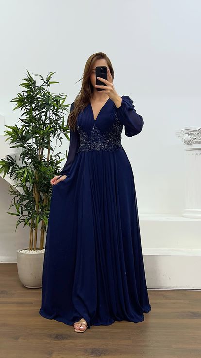 Lacivert V Yaka Büyük Beden Abiye Elbise