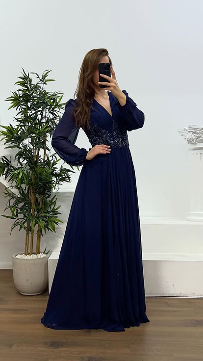 Lacivert V Yaka Büyük Beden Abiye Elbise