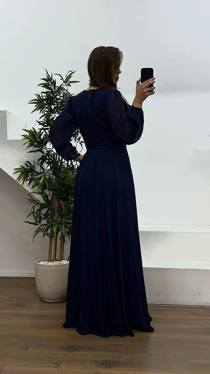 Lacivert V Yaka Büyük Beden Abiye Elbise