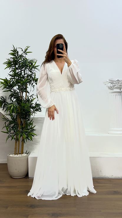 Beyaz V Yaka Büyük Beden Abiye Elbise