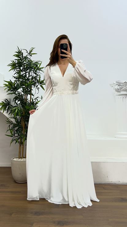 Beyaz V Yaka Büyük Beden Abiye Elbise