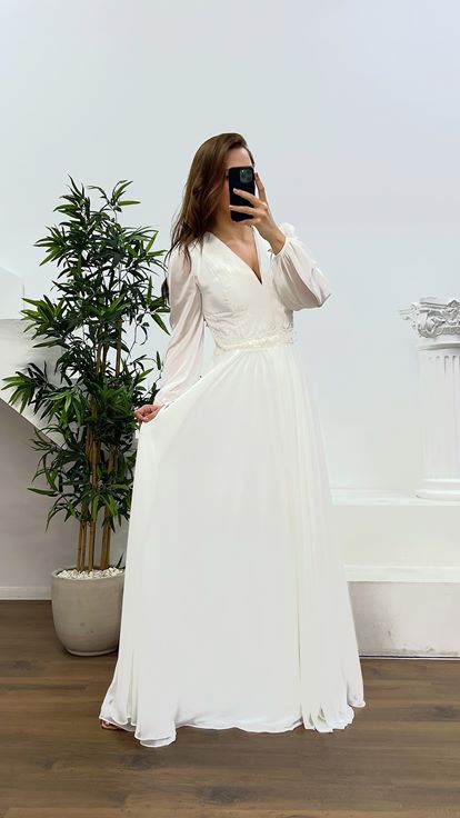 Beyaz V Yaka Büyük Beden Abiye Elbise