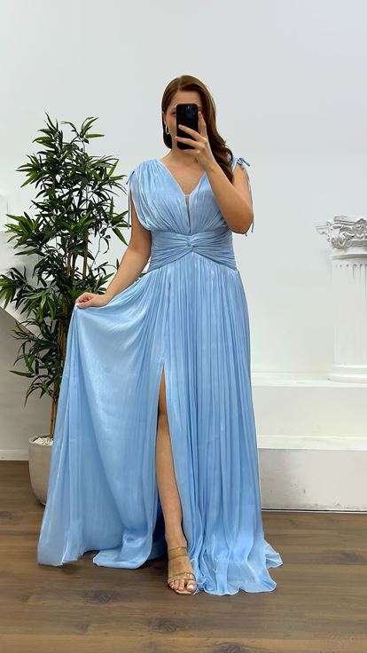 Bebe Mavi Askılı Piliseli Büyük Beden Abiye Elbise