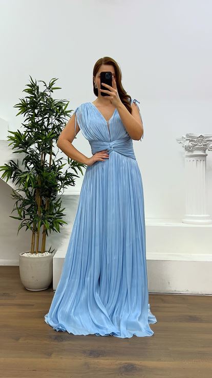 Bebe Mavi Askılı Piliseli Büyük Beden Abiye Elbise