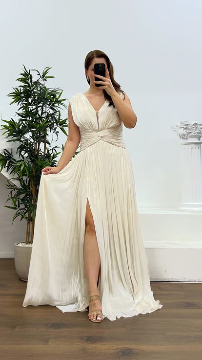 Beige Strap Pleated Plus Size Evening Dress