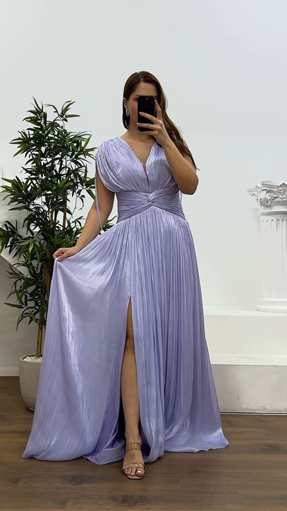 Lilac Strap Pleated Plus Size Evening Dress