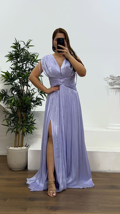 Lilac Strap Pleated Plus Size Evening Dress