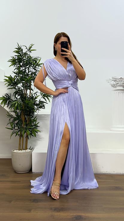 Lilac Strap Pleated Plus Size Evening Dress