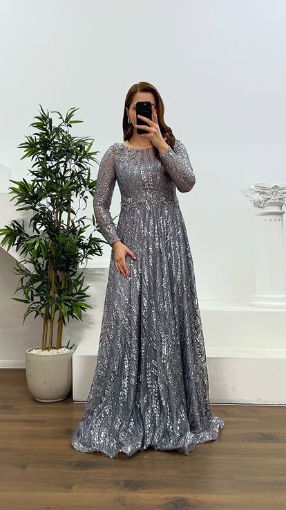 Gray Waist Detail Plus Size Evening Dress