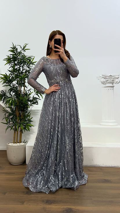 Gray Waist Detail Plus Size Evening Dress