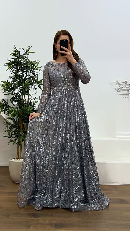 Gray Waist Detail Plus Size Evening Dress