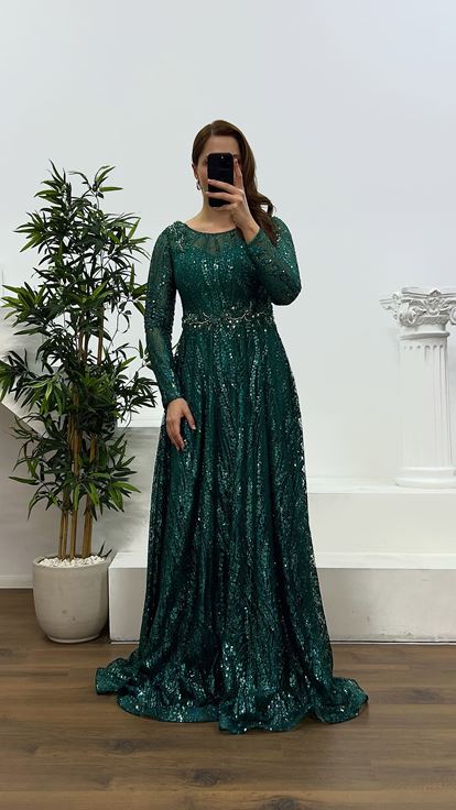 Green Waist Detail Plus Size Evening Dress